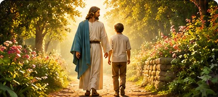 Jesus walking with a child in a sunlit garden