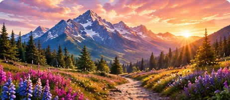 Sunlit mountain path with wildflowers