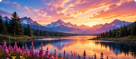 Sunset over a beautiful lake and mountains